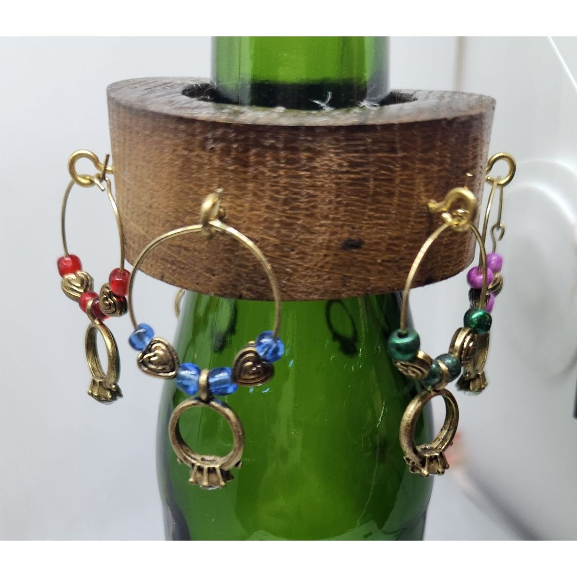 Wine Glass Charms Wedding Ring Themed  Set - 6 Unique Charms With Beads & Wood Holder
