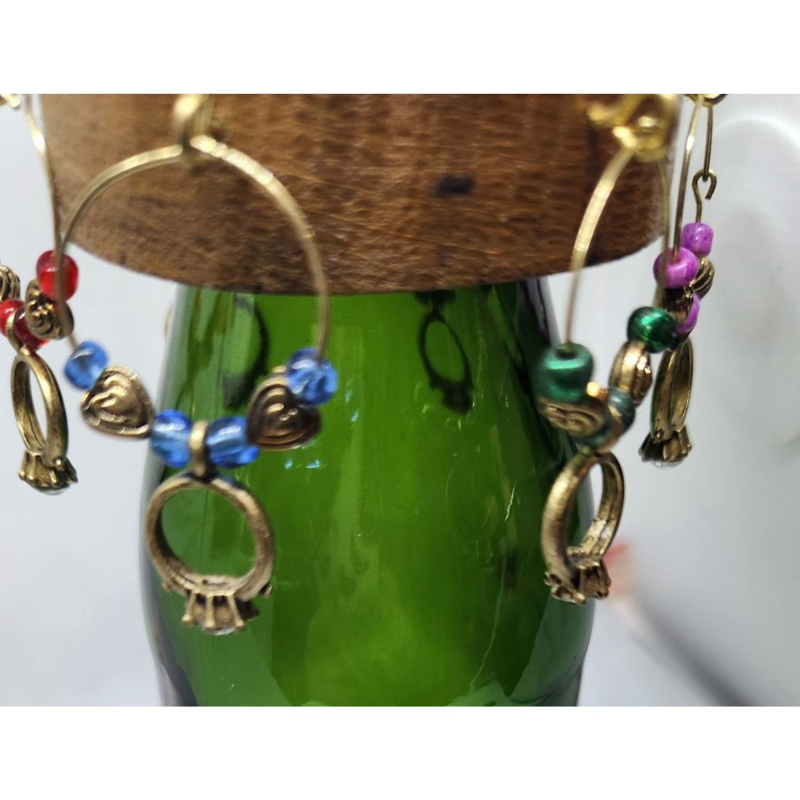 Wine Glass Charms Wedding Ring Themed  Set - 6 Unique Charms With Beads & Wood Holder