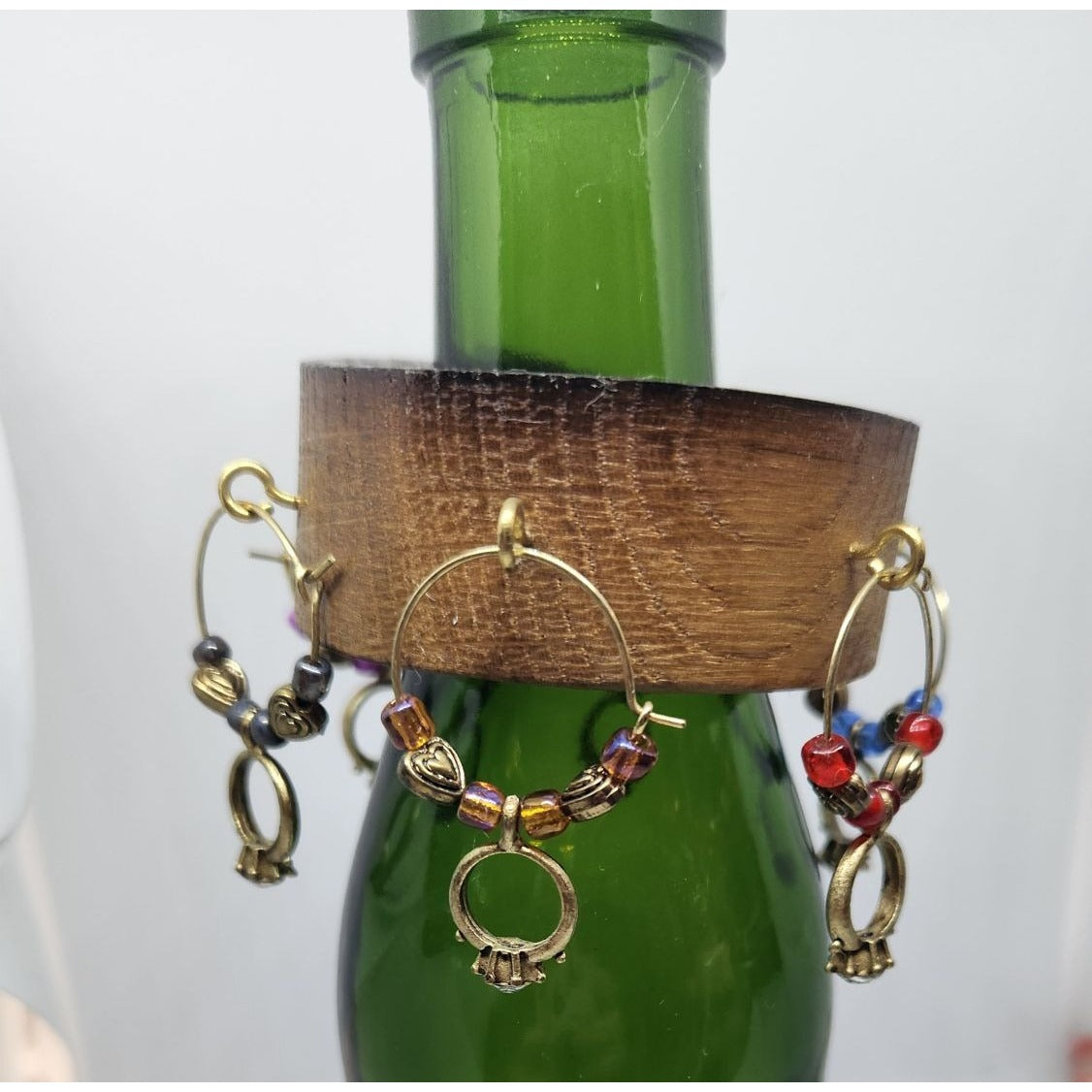 Wine Glass Charms Wedding Ring Themed  Set - 6 Unique Charms With Beads & Wood Holder