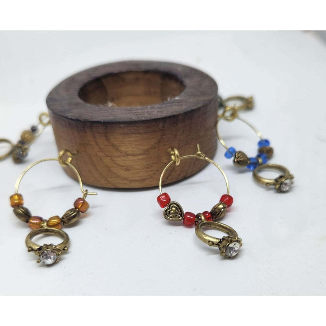 Wine Glass Charms Wedding Ring Themed  Set - 6 Unique Charms With Beads & Wood Holder