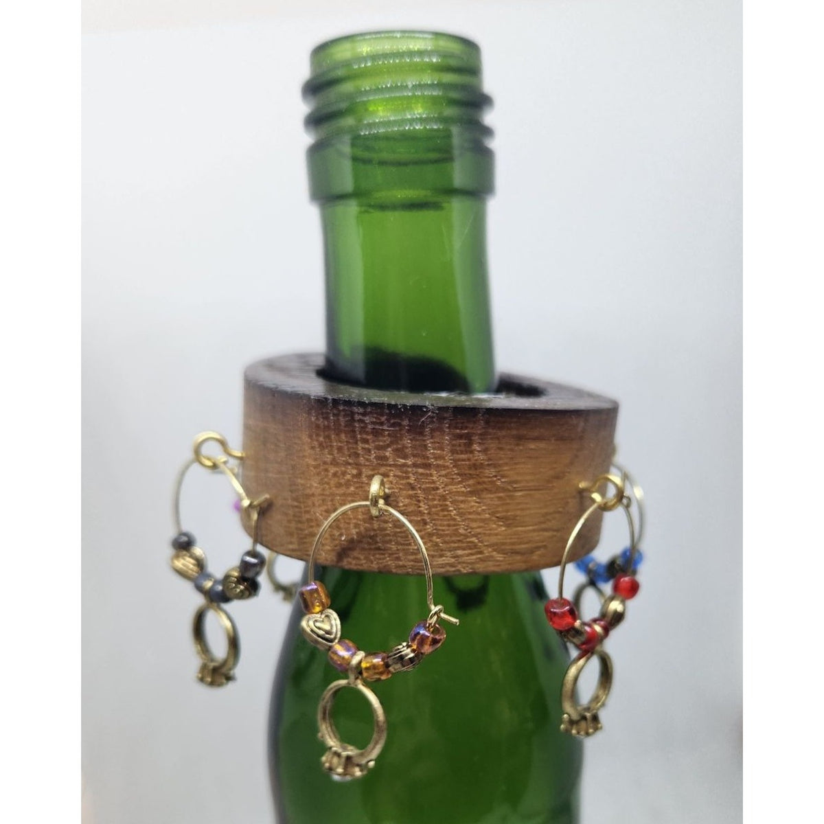Wine Glass Charms Wedding Ring Themed  Set - 6 Unique Charms With Beads & Wood Holder