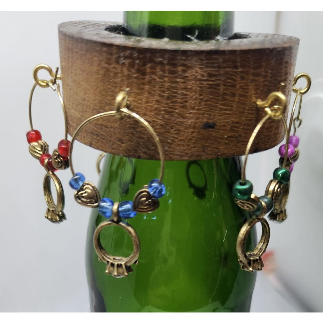 Wine Glass Charms Wedding Ring Themed  Set - 6 Unique Charms With Beads & Wood Holder