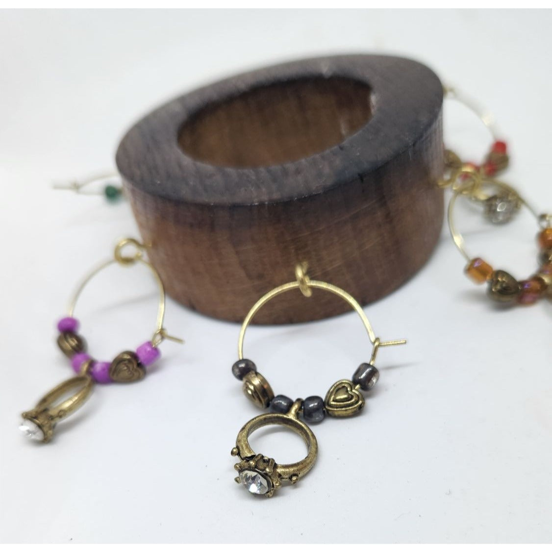 Wine Glass Charms Wedding Ring Themed  Set - 6 Unique Charms With Beads & Wood Holder