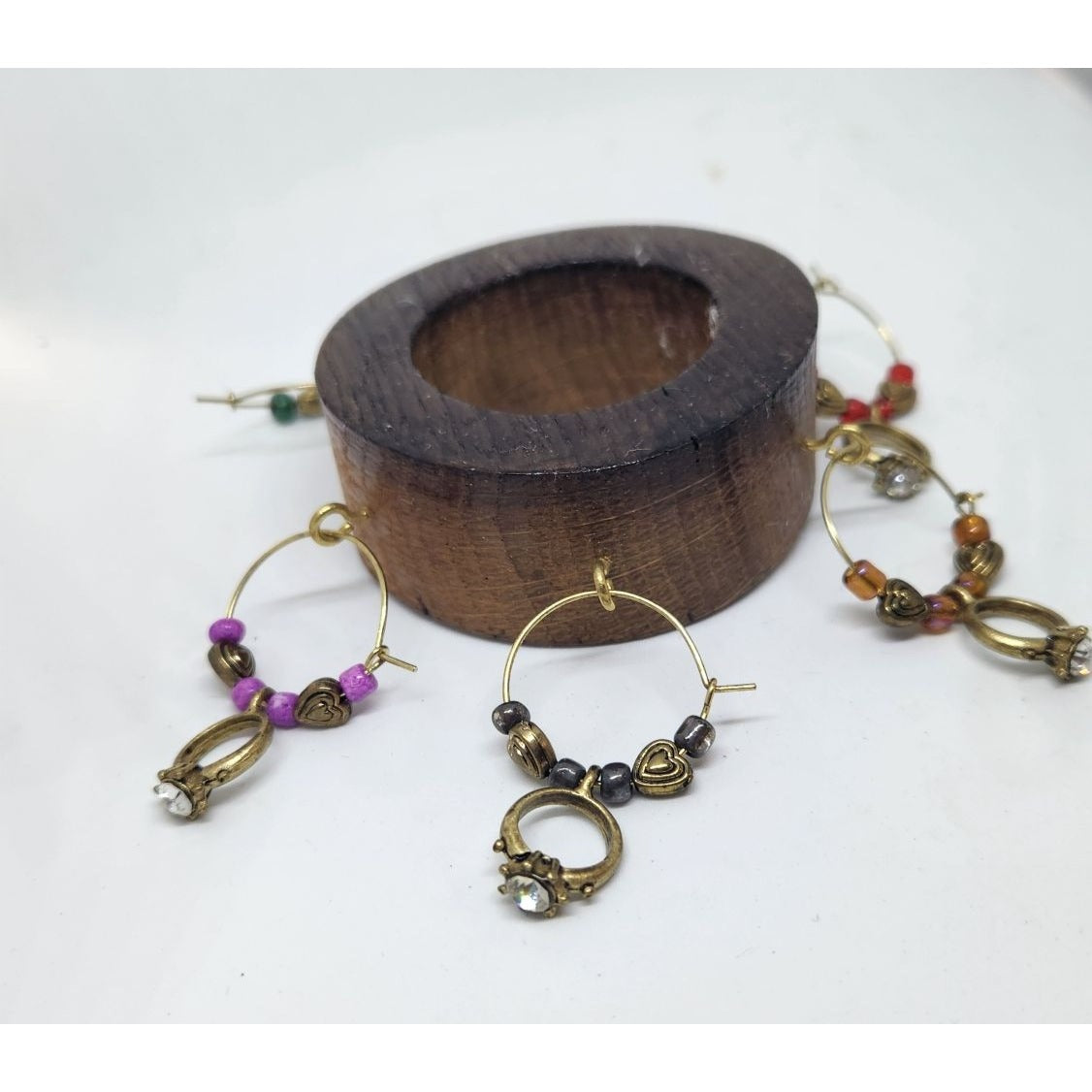 Wine Glass Charms Wedding Ring Themed  Set - 6 Unique Charms With Beads & Wood Holder