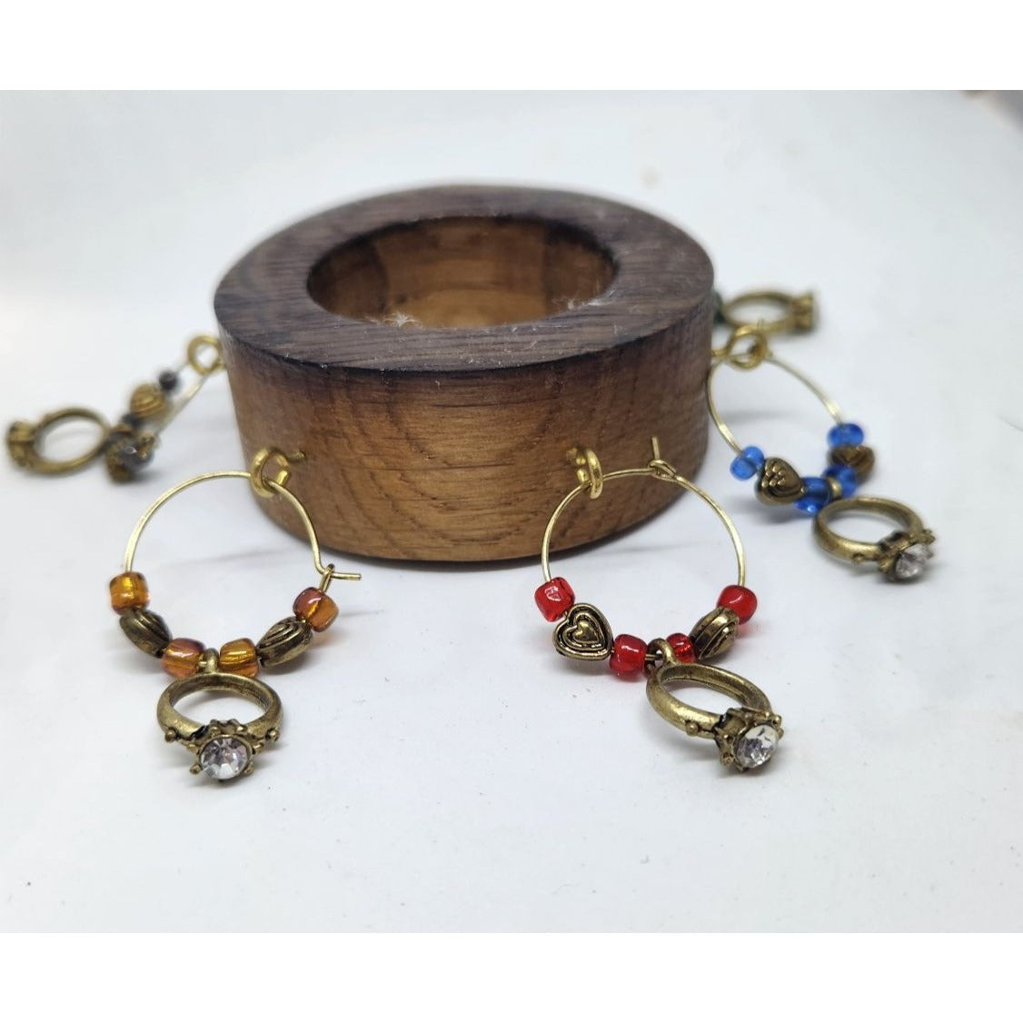 Wine Glass Charms Wedding Ring Themed  Set - 6 Unique Charms With Beads & Wood Holder