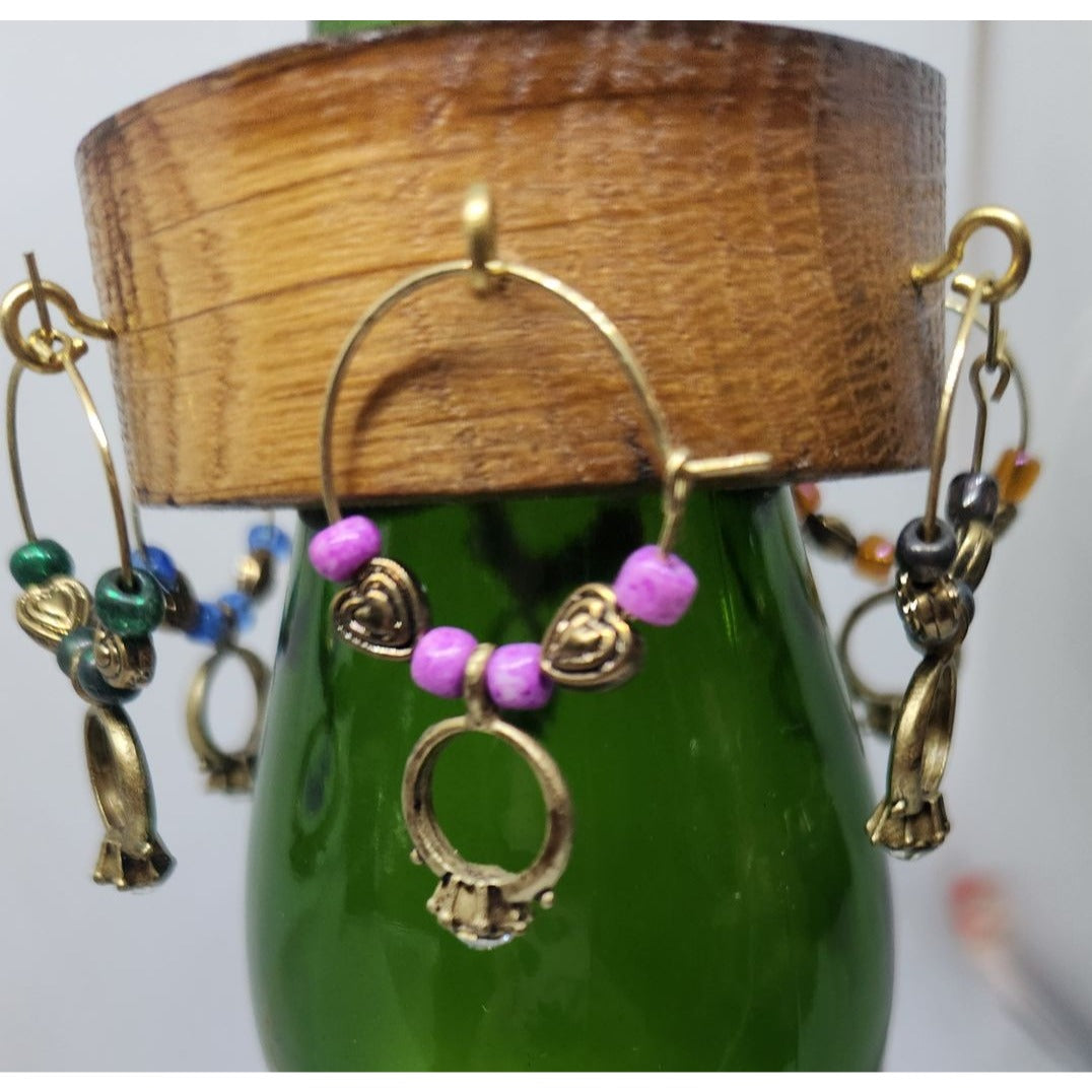 Wine Glass Charms Wedding Ring Themed  Set - 6 Unique Charms With Beads & Wood Holder