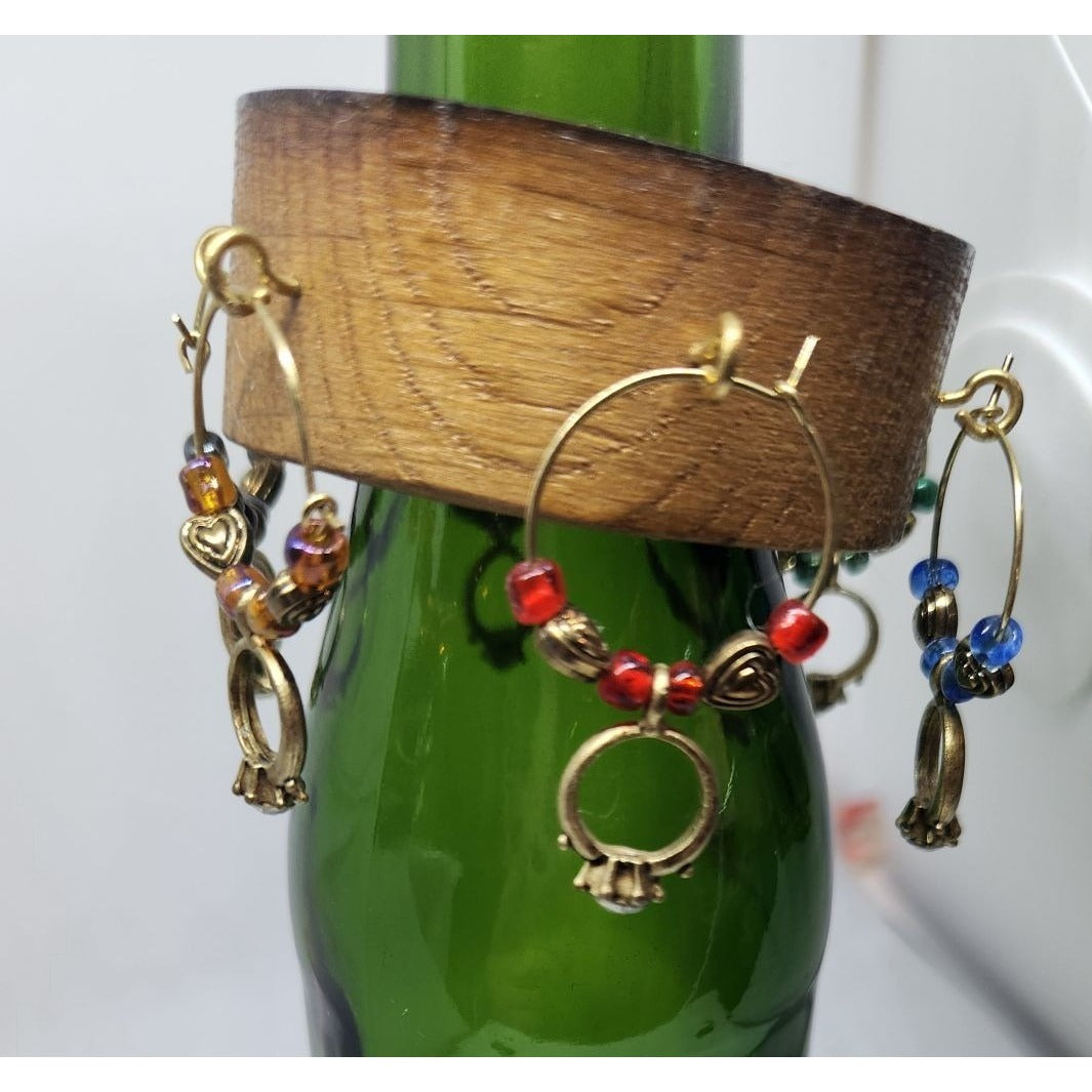 Wine Glass Charms Wedding Ring Themed  Set - 6 Unique Charms With Beads & Wood Holder
