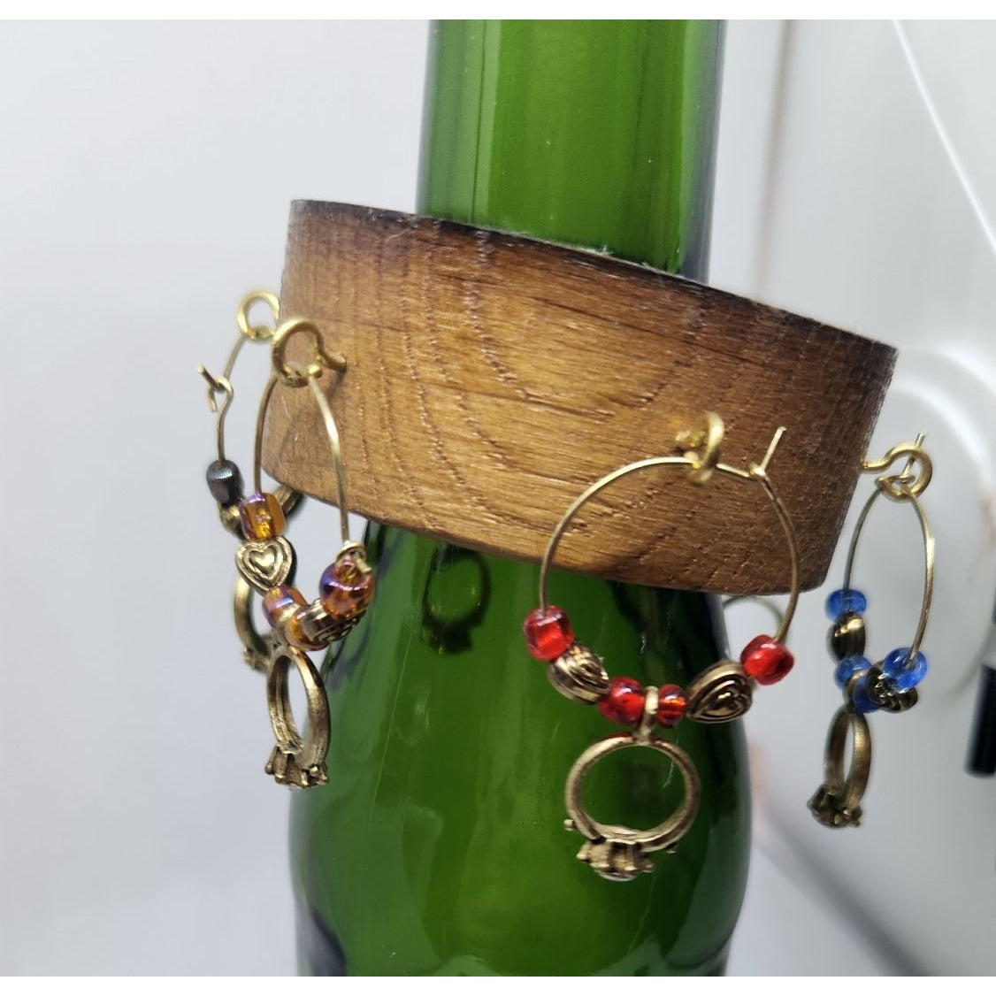 Wine Glass Charms Wedding Ring Themed  Set - 6 Unique Charms With Beads & Wood Holder