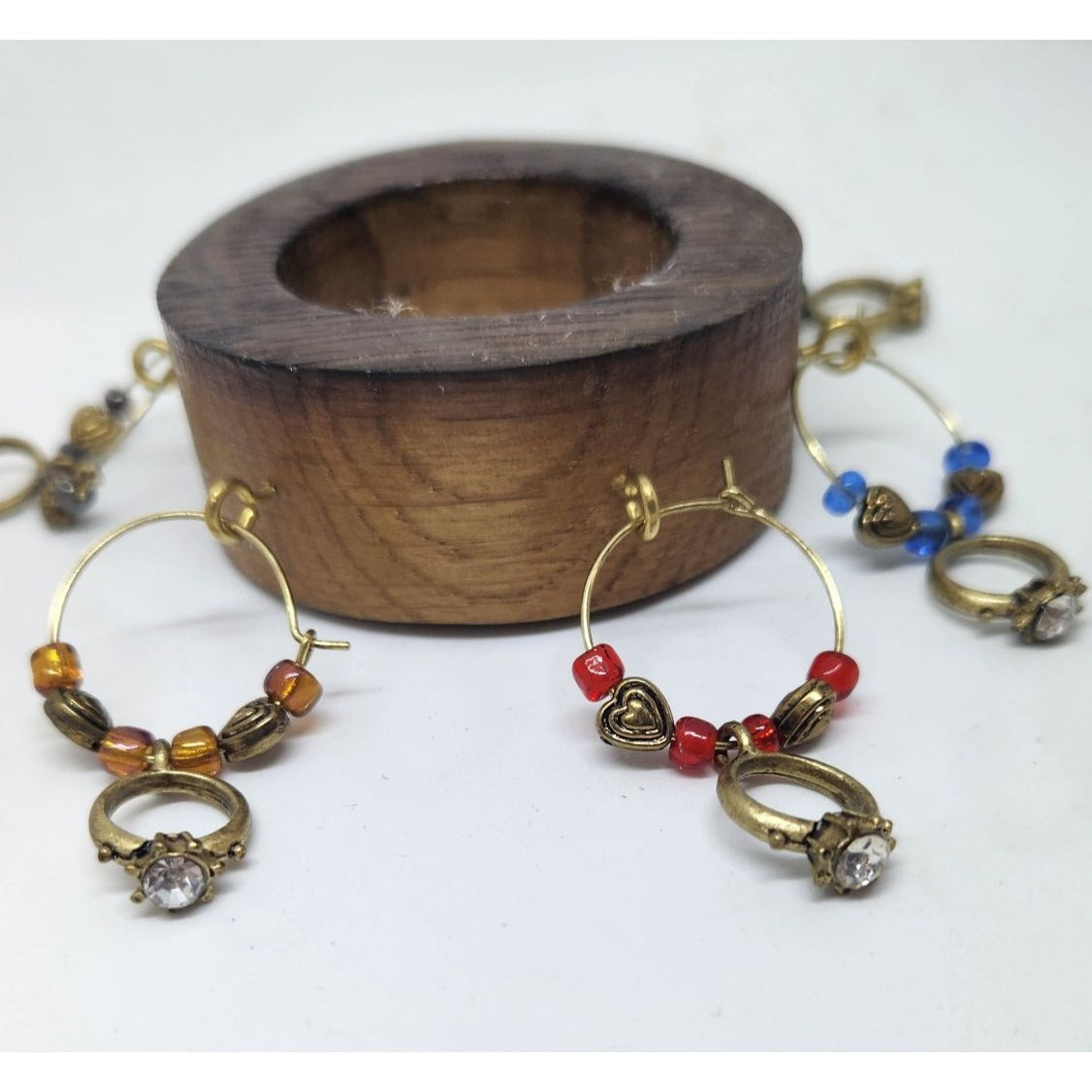 Wine Glass Charms Wedding Ring Themed  Set - 6 Unique Charms With Beads & Wood Holder