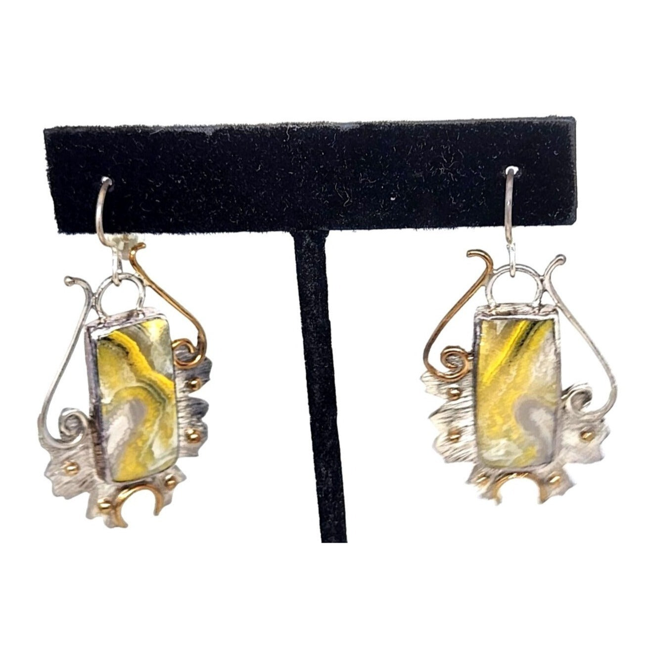 Earrings Bumble Bee Jasper 925 Silver 14K Gold  25mm x 10mm Silver Frame 40mm x 25mm Filigree Accents  Top Hoop 20mm x 25