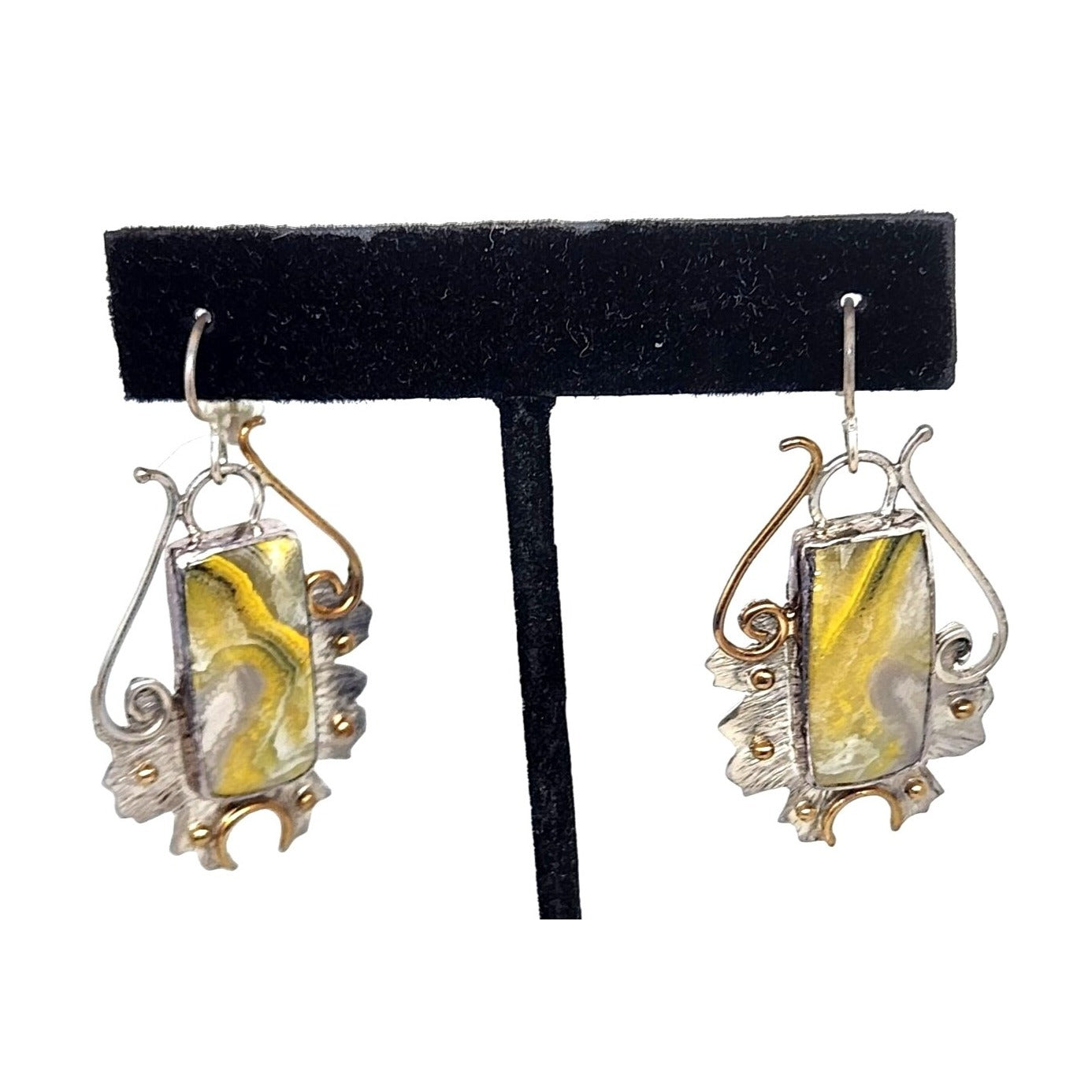 Earrings Bumble Bee Jasper 925 Silver 14K Gold  25mm x 10mm Silver Frame 40mm x 25mm Filigree Accents  Top Hoop 20mm x 25