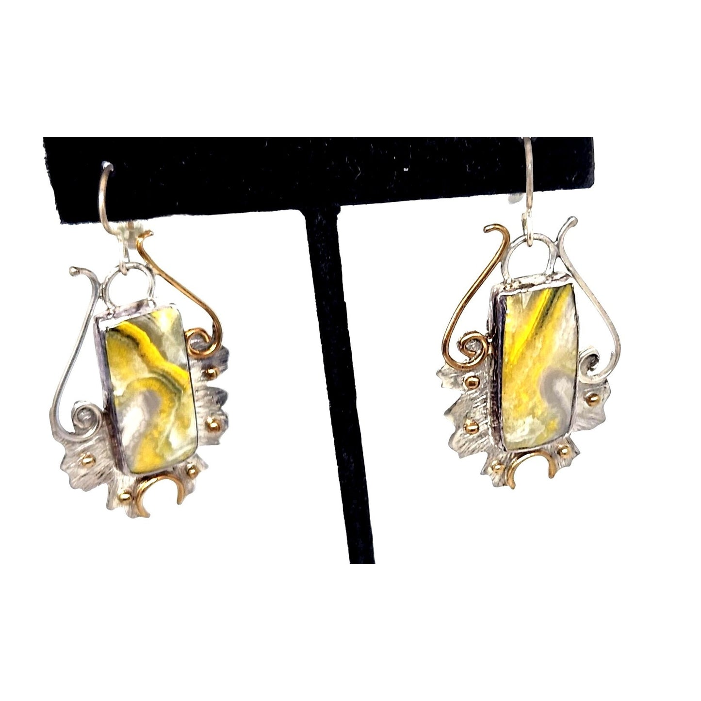 Earrings Bumble Bee Jasper 925 Silver 14K Gold  25mm x 10mm Silver Frame 40mm x 25mm Filigree Accents  Top Hoop 20mm x 25