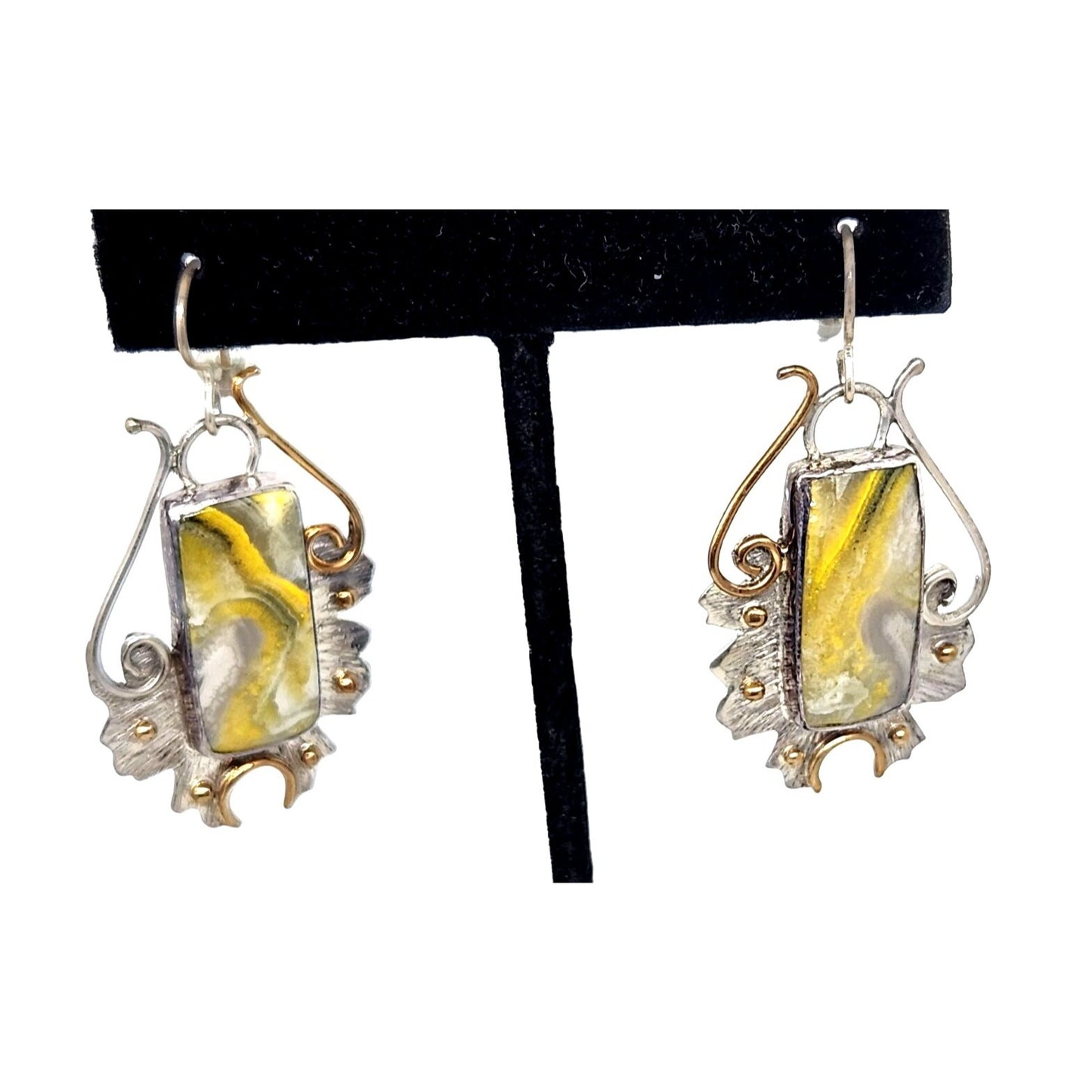Earrings Bumble Bee Jasper 925 Silver 14K Gold  25mm x 10mm Silver Frame 40mm x 25mm Filigree Accents  Top Hoop 20mm x 25
