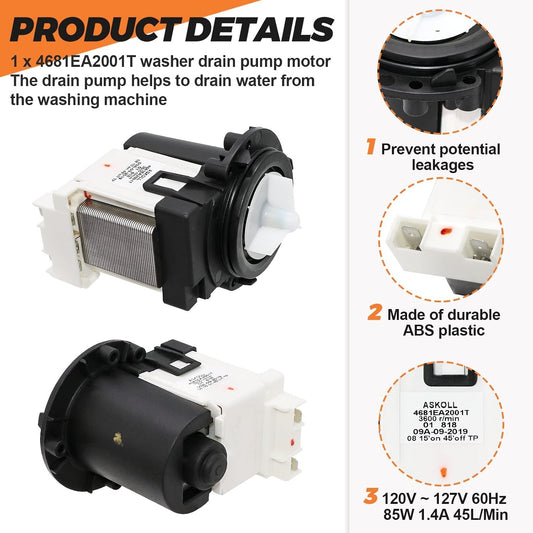 4681EA2001T Washer Drain Pump OEM Motor Replace for Kenmore & LG Washing Machine Replacement AP5328388 4681EA1007G 4681EA1007D Fit for Drain Pump Washing Machine WM2101HW WM3270CW WM3431HS WM3770HVA