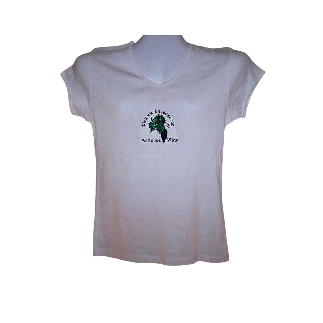 T-Shirt Short Sleeves Bella White  V-Neck Size Large Cotton Pick Me Squeeze Me Make Me Wine