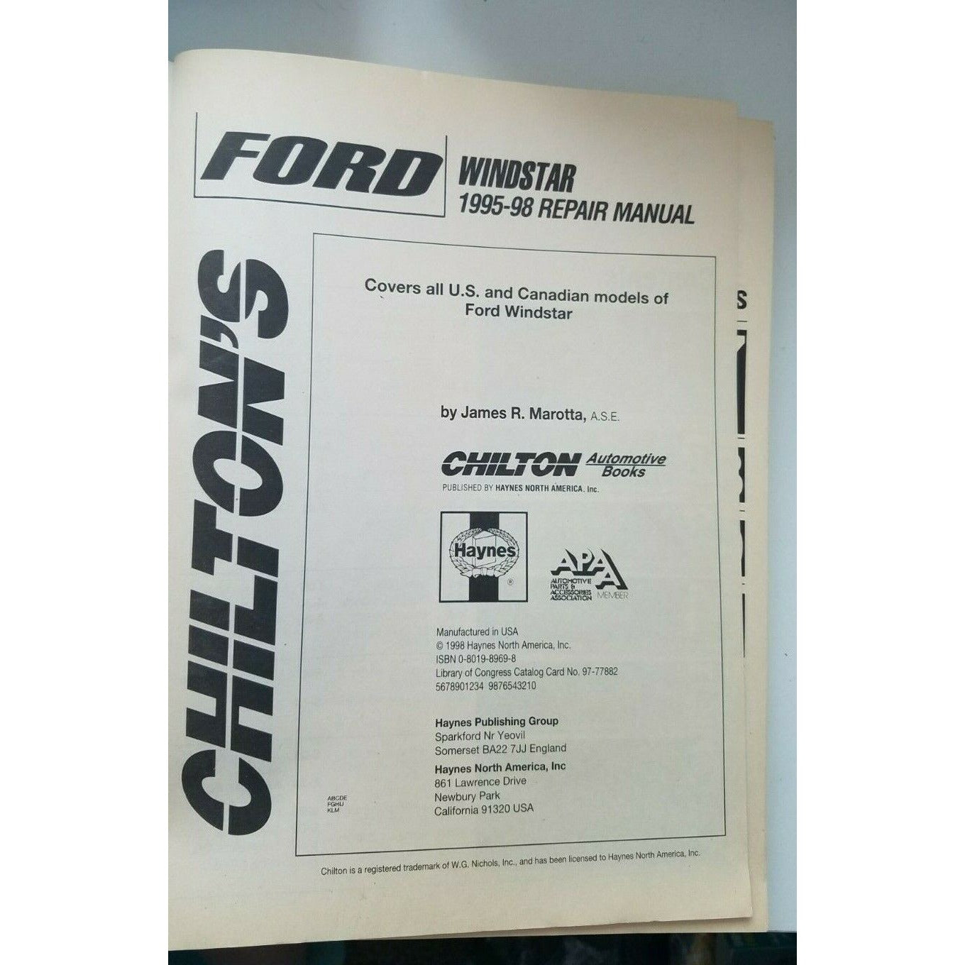 Book 1995 - 98 Chilton's Ford Windstar Repair Manual # 26840