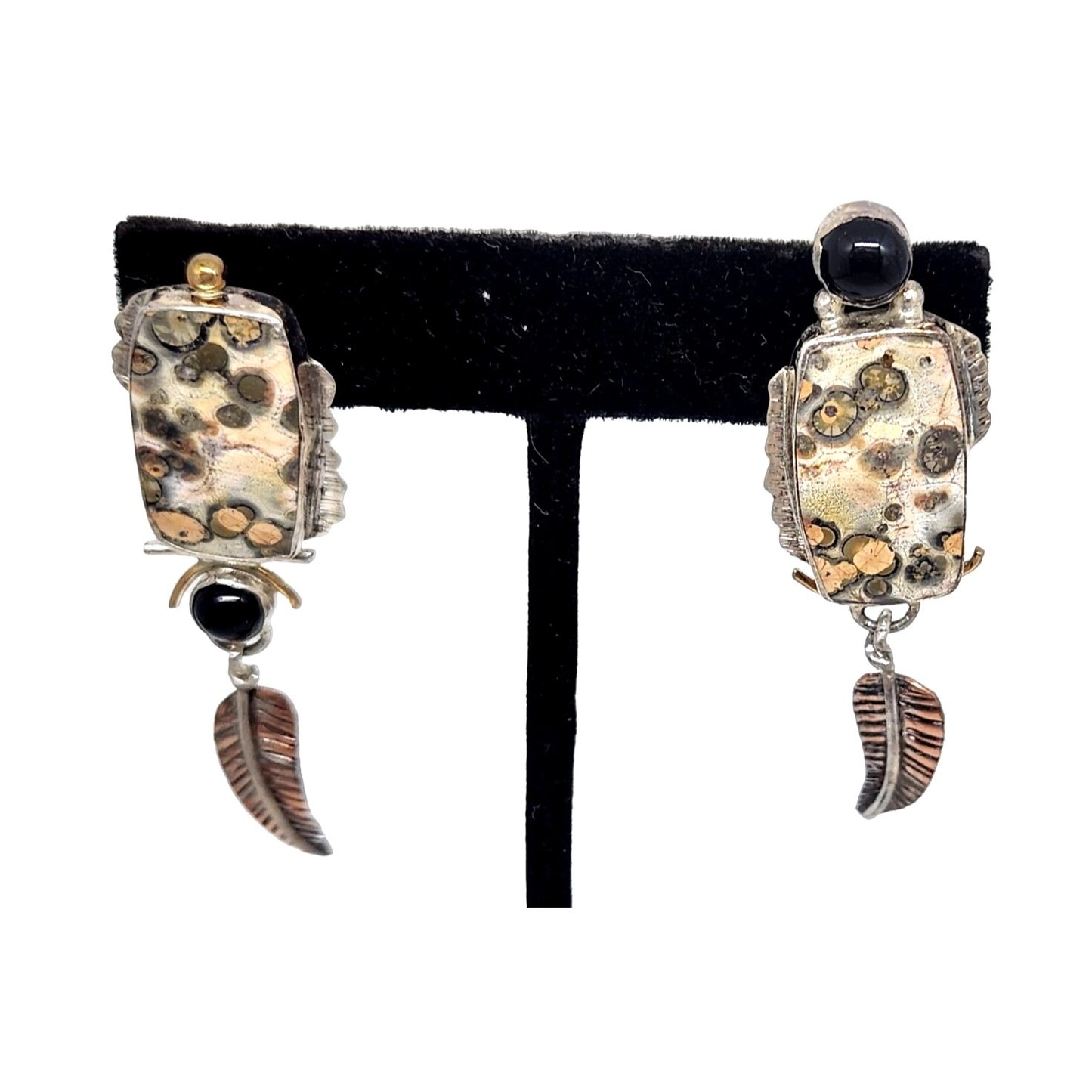 Earrings Leopard Jasper Copper Feather Black Onyx 8mm Circle 11.6 Gr Silver Post