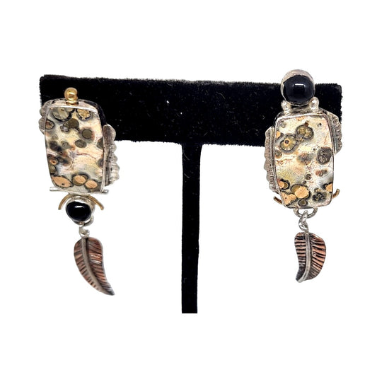 Earrings Leopard Jasper Copper Feather Black Onyx 8mm Circle 11.6 Gr Silver Post