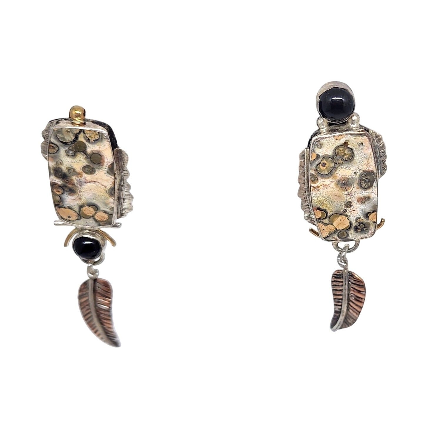 Earrings Leopard Jasper Copper Feather Black Onyx 8mm Circle 11.6 Gr Silver Post