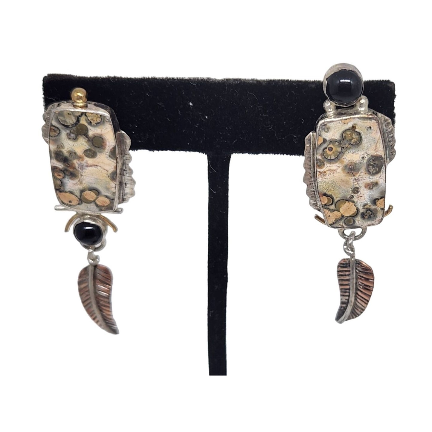 Earrings Leopard Jasper Copper Feather Black Onyx 8mm Circle 11.6 Gr Silver Post