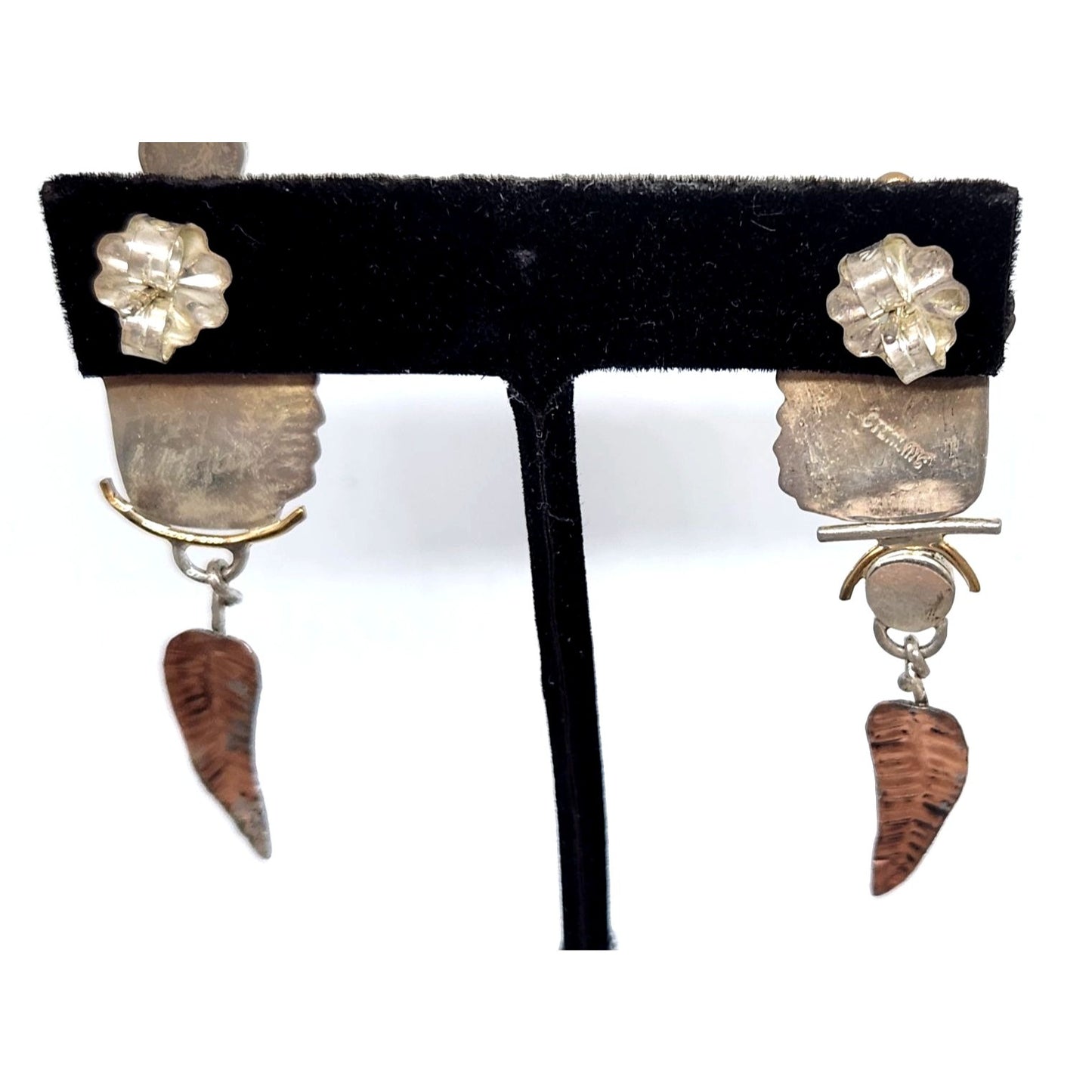 Earrings Leopard Jasper Copper Feather Black Onyx 8mm Circle 11.6 Gr Silver Post