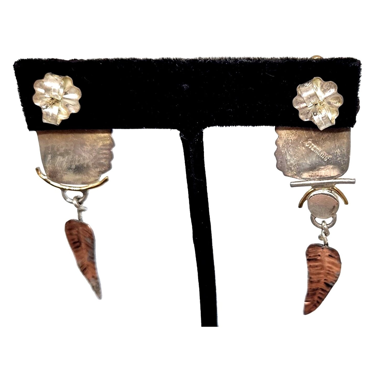 Earrings Leopard Jasper Copper Feather Black Onyx 8mm Circle 11.6 Gr Silver Post