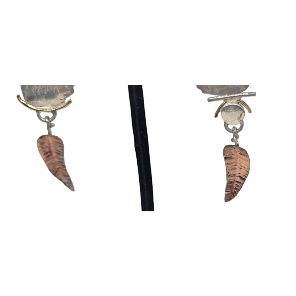 Earrings Leopard Jasper Copper Feather Black Onyx 8mm Circle 11.6 Gr Silver Post