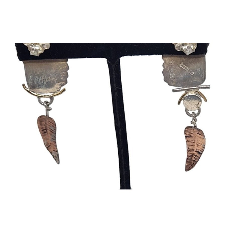 Earrings Leopard Jasper Copper Feather Black Onyx 8mm Circle 11.6 Gr Silver Post