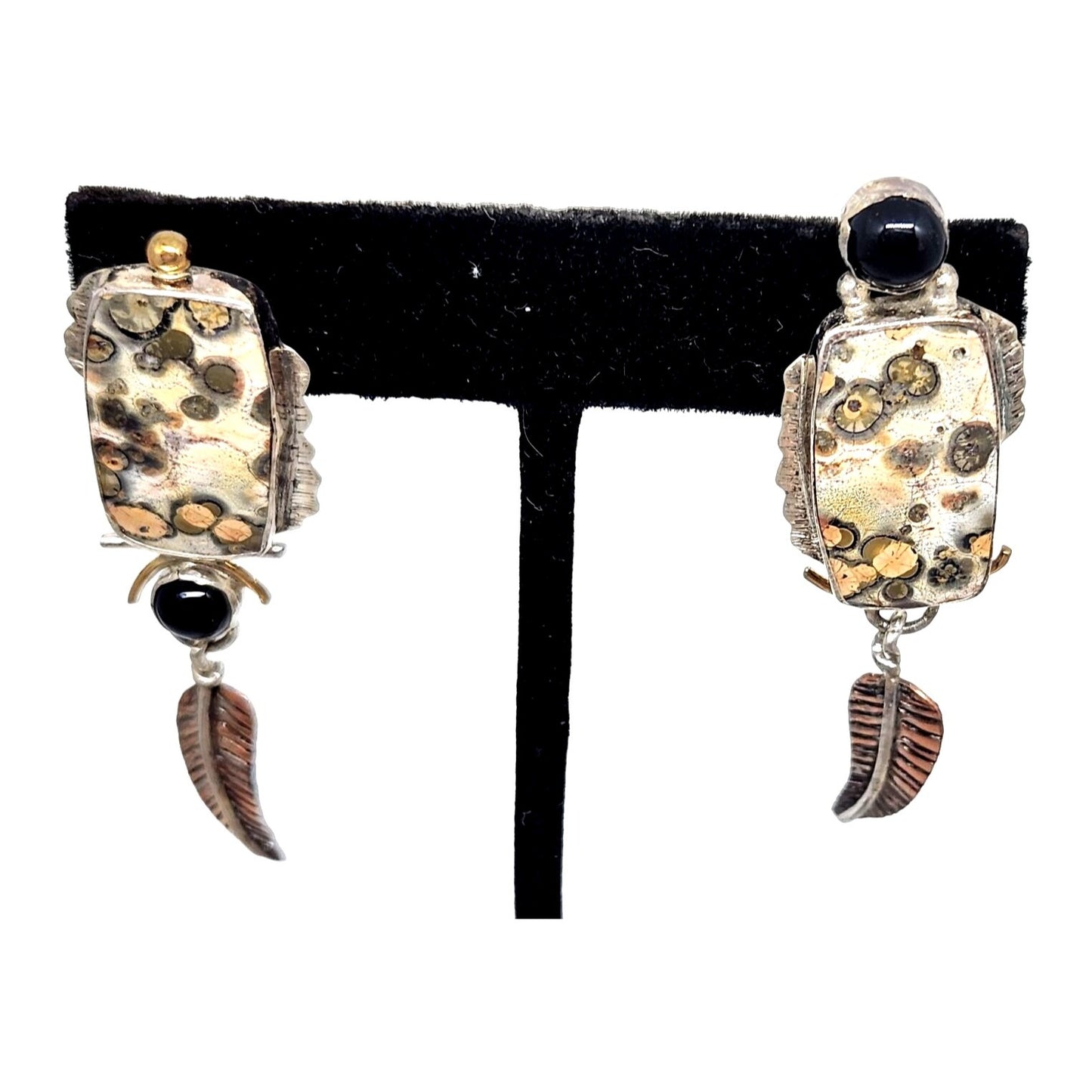 Earrings Leopard Jasper Copper Feather Black Onyx 8mm Circle 11.6 Gr Silver Post