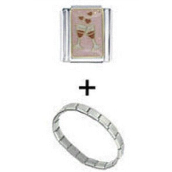 Bracelet Italian Charm Love hearts and Red Wine Glass