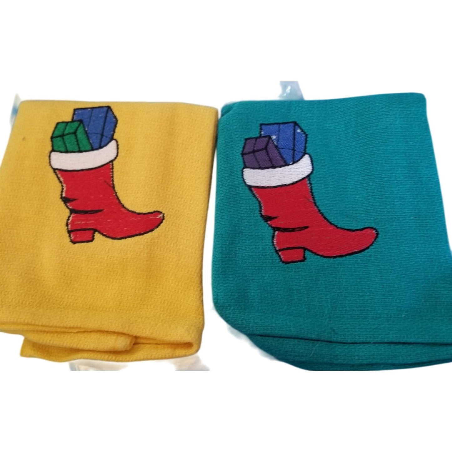 Kitchen Towel Embroidered 100%  Set 2 Cotton 1 Yellow 1 Green Boot Gifts 15 x 21