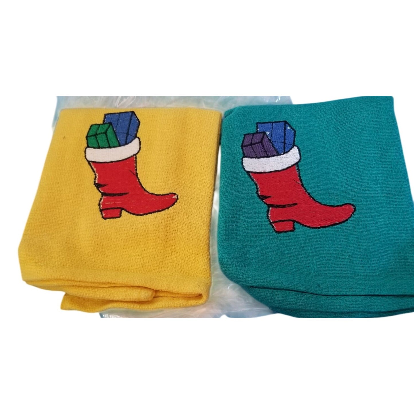 Kitchen Towel Embroidered 100%  Set 2 Cotton 1 Yellow 1 Green Boot Gifts 15 x 21