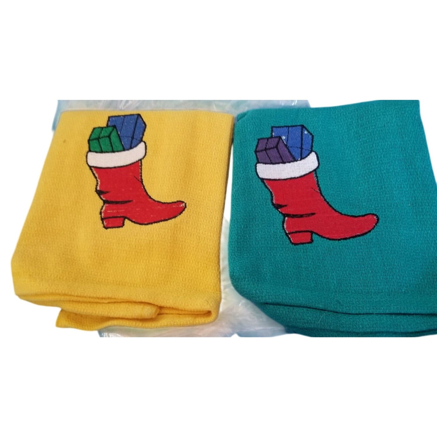 Kitchen Towel Embroidered 100%  Set 2 Cotton 1 Yellow 1 Green Boot Gifts 15 x 21