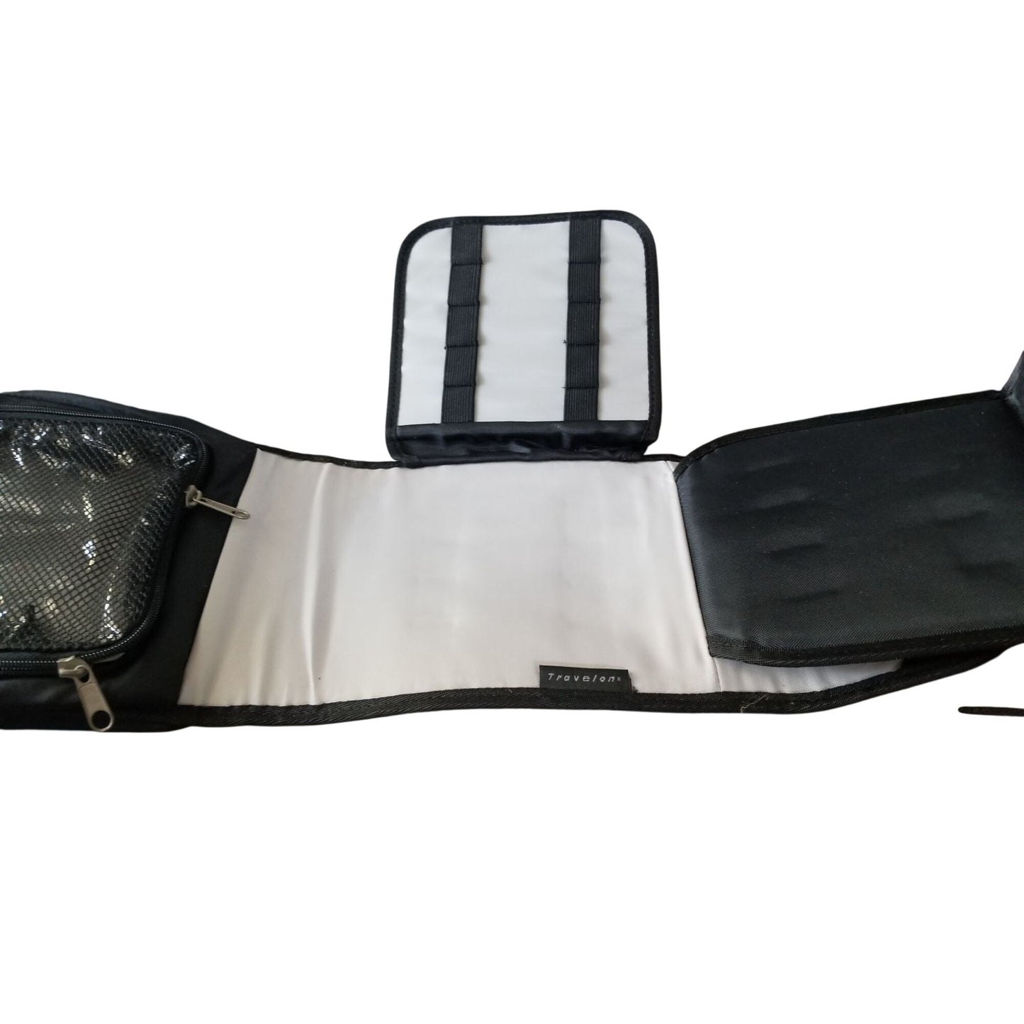 Bag  Travel On Cosmetic Bag 2 Mirrors Zip Nylon bag Brush Make-up Holders Zip Top 8" x 8" closed Black