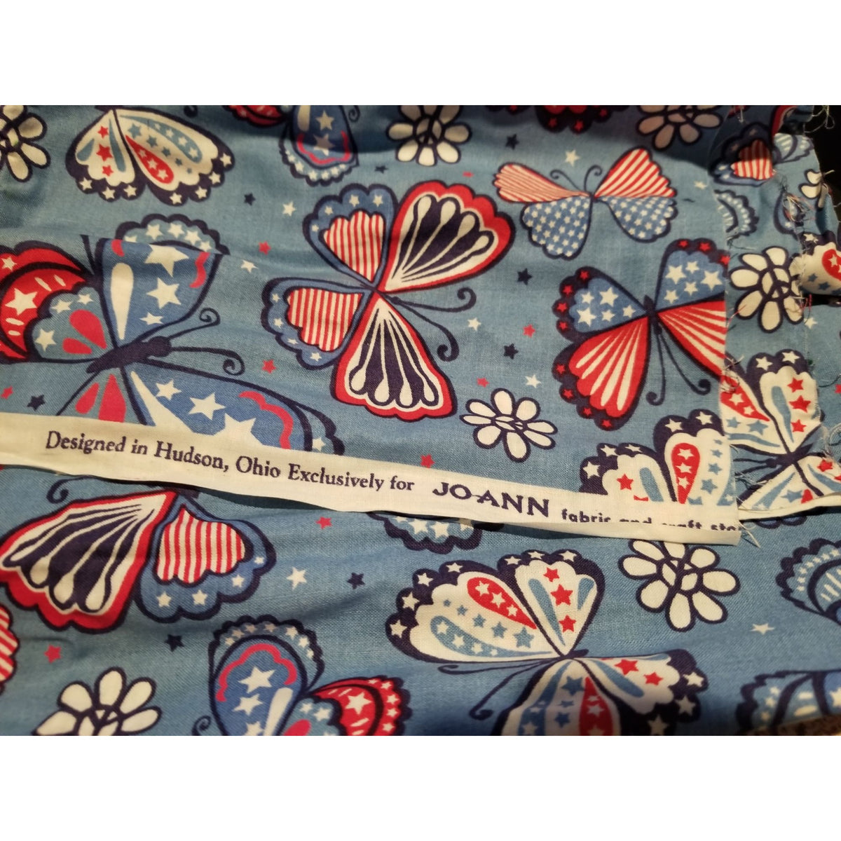 Material Cotton Blue Fabric Butterfly  Red White Blue Star Stripes  38" x  42" Cotton  JoAnn