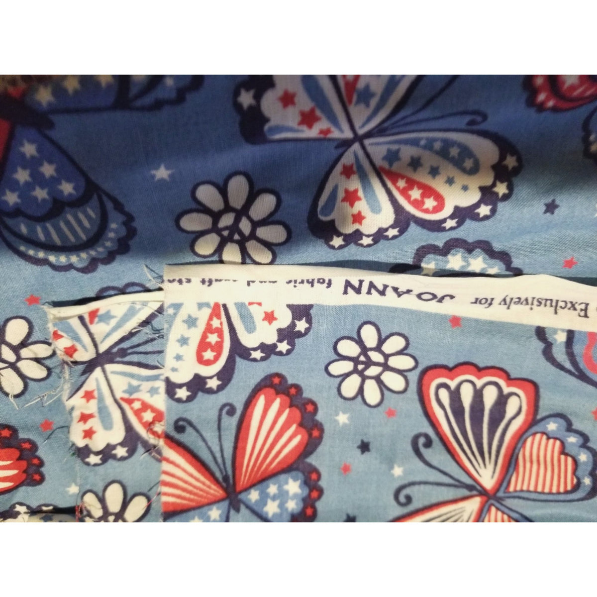 Material Cotton Blue Fabric Butterfly  Red White Blue Star Stripes  38" x  42" Cotton  JoAnn