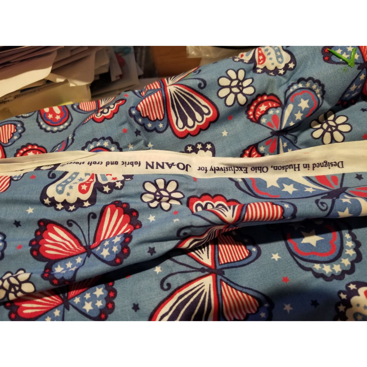 Material Cotton Blue Fabric Butterfly  Red White Blue Star Stripes  38" x  42" Cotton  JoAnn