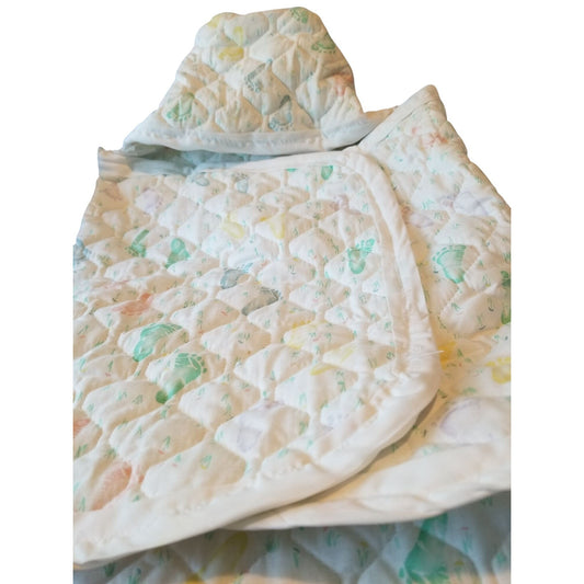 Baby Bunting Quilted Printed Baby Feet White Trim Hood Folded 2 side and a bottom flap