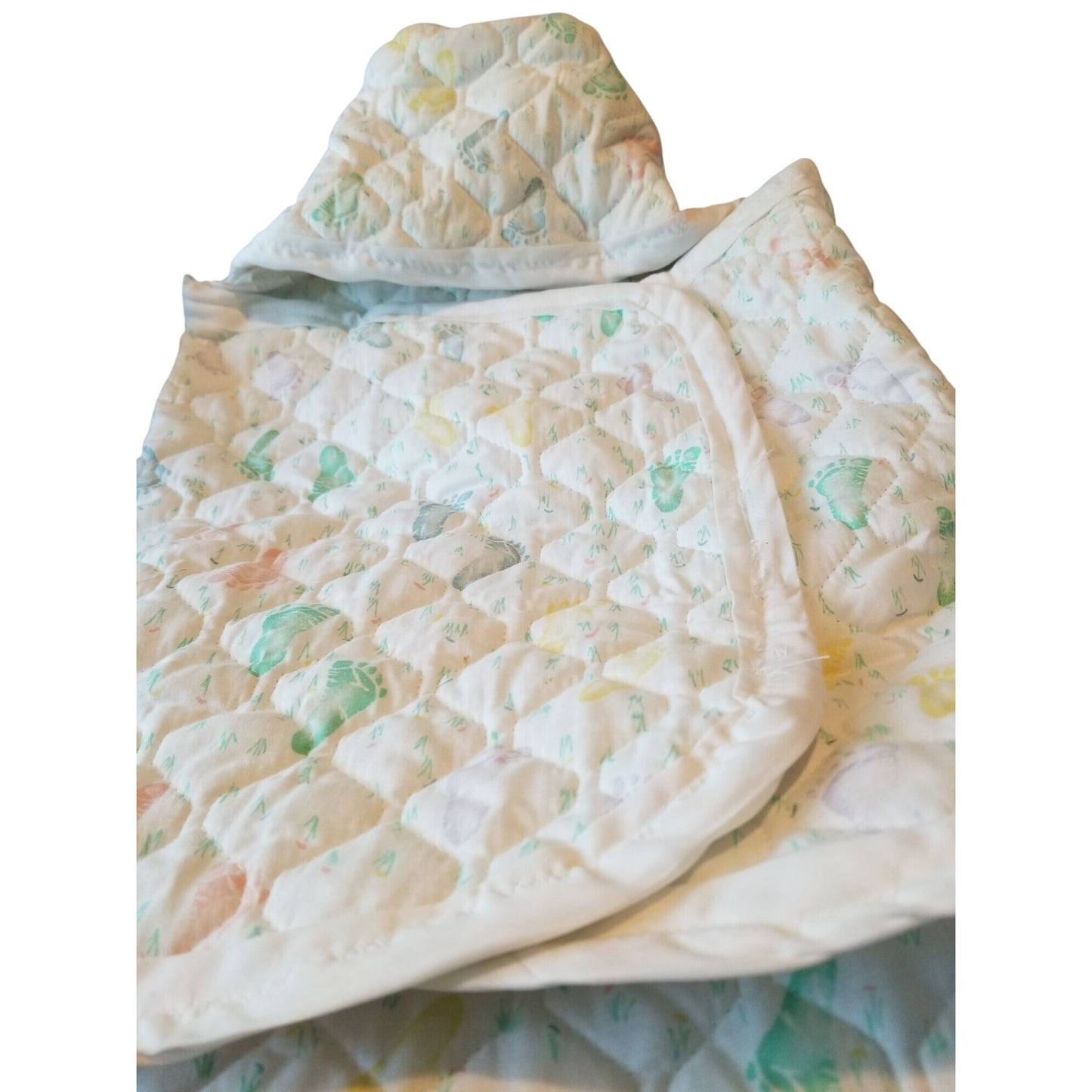 Baby Bunting Quilted Printed Baby Feet White Trim Hood Folded 2 side and a bottom flap
