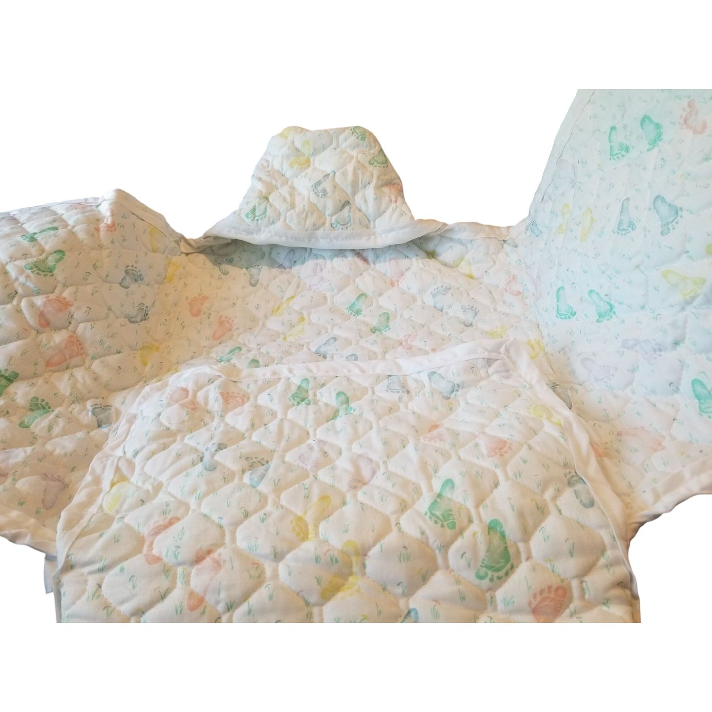 Baby Bunting Quilted Printed Baby Feet White Trim Hood Folded 2 side and a bottom flap