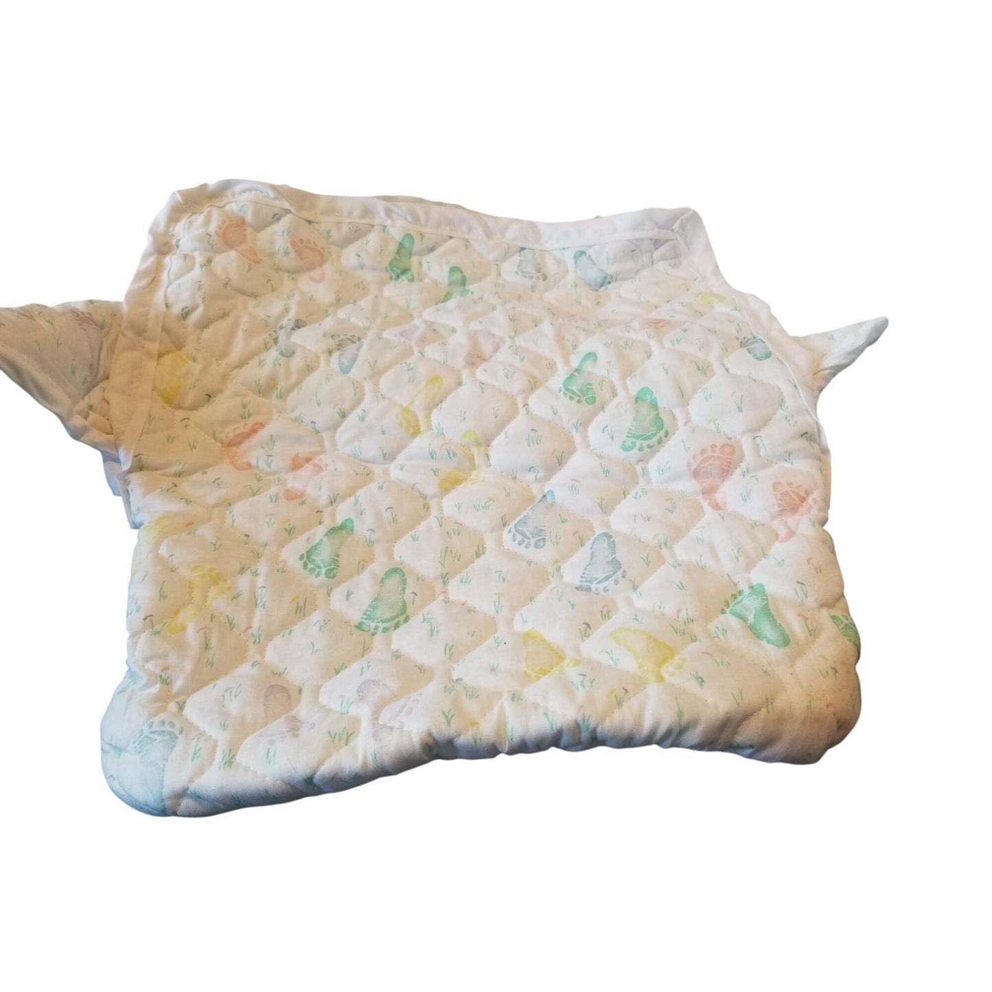 Baby Bunting Quilted Printed Baby Feet White Trim Hood Folded 2 side and a bottom flap