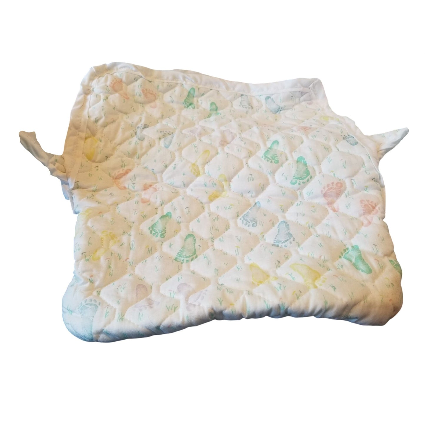 Baby Bunting Quilted Printed Baby Feet White Trim Hood Folded 2 side and a bottom flap