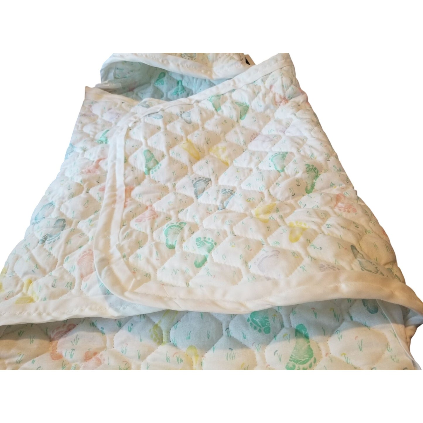Baby Bunting Quilted Printed Baby Feet White Trim Hood Folded 2 side and a bottom flap
