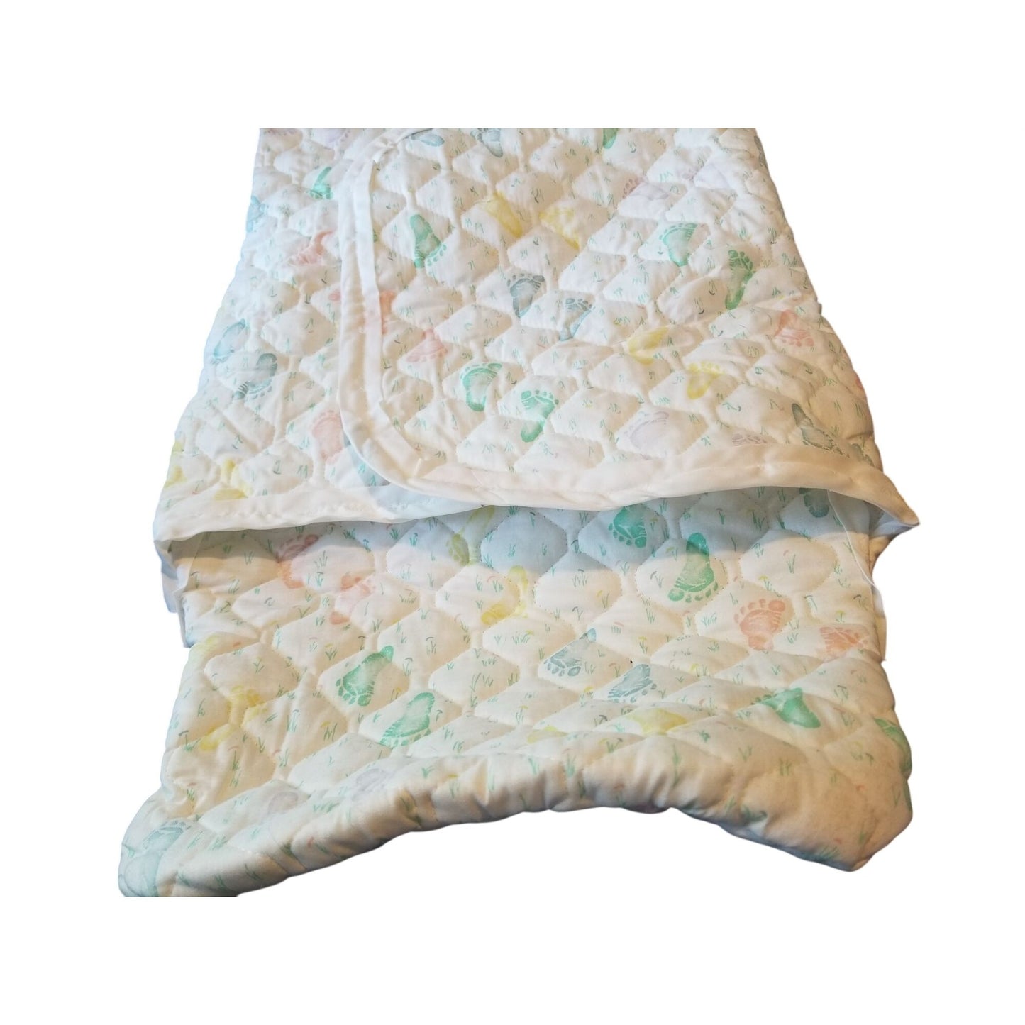 Baby Bunting Quilted Printed Baby Feet White Trim Hood Folded 2 side and a bottom flap