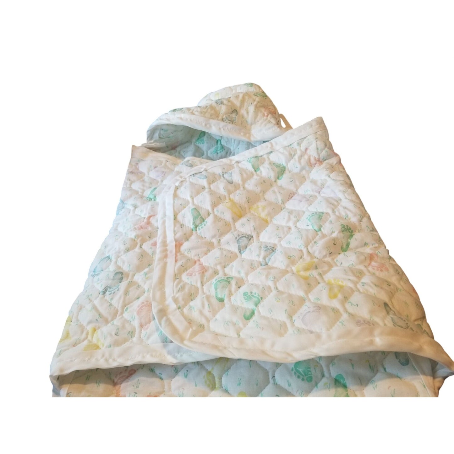 Baby Bunting Quilted Printed Baby Feet White Trim Hood Folded 2 side and a bottom flap
