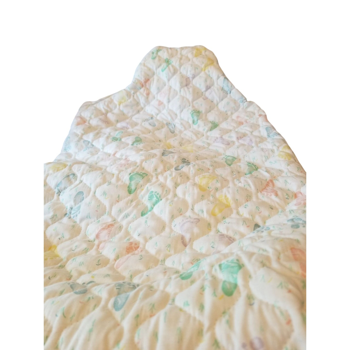 Baby Bunting Quilted Printed Baby Feet White Trim Hood Folded 2 side and a bottom flap