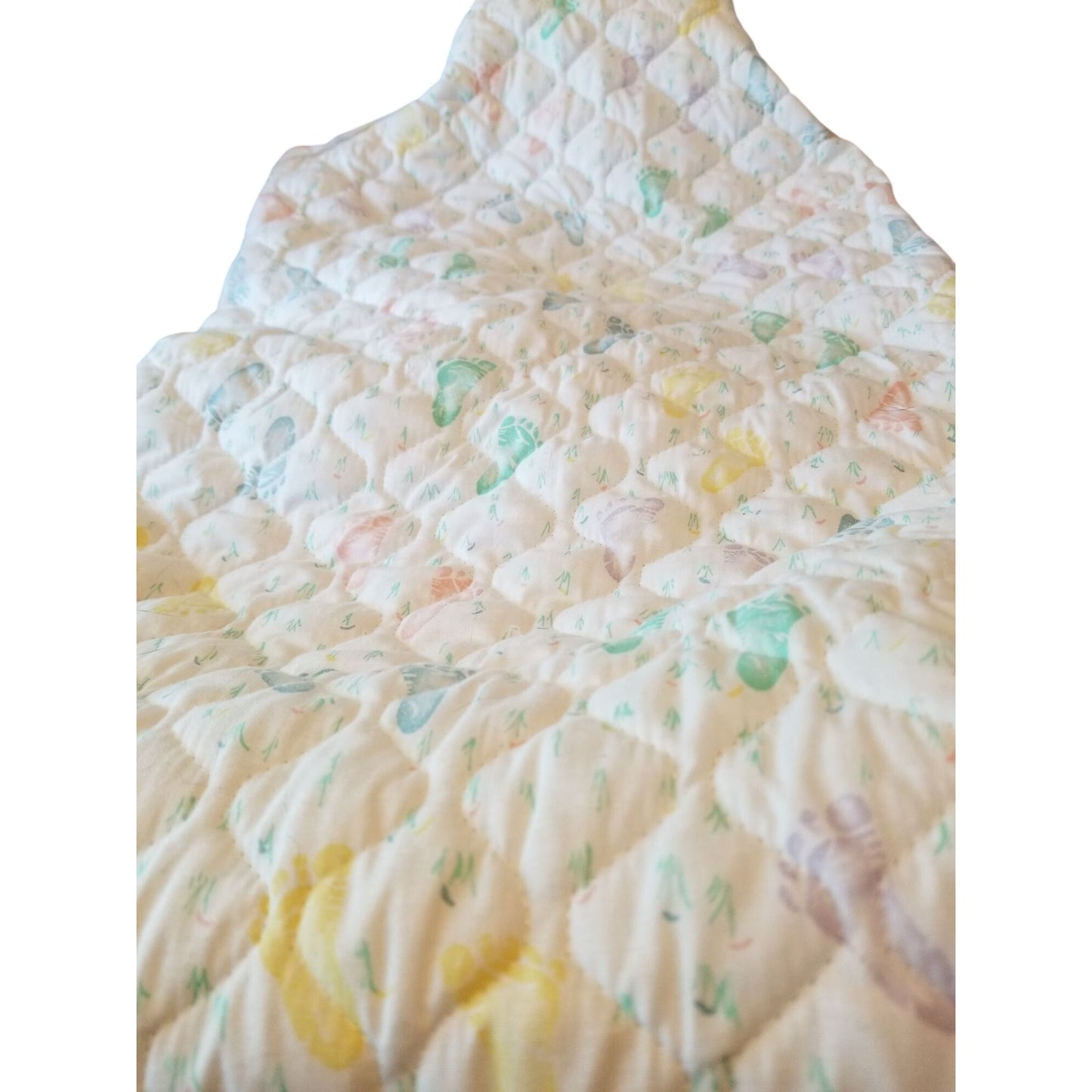 Baby Bunting Quilted Printed Baby Feet White Trim Hood Folded 2 side and a bottom flap