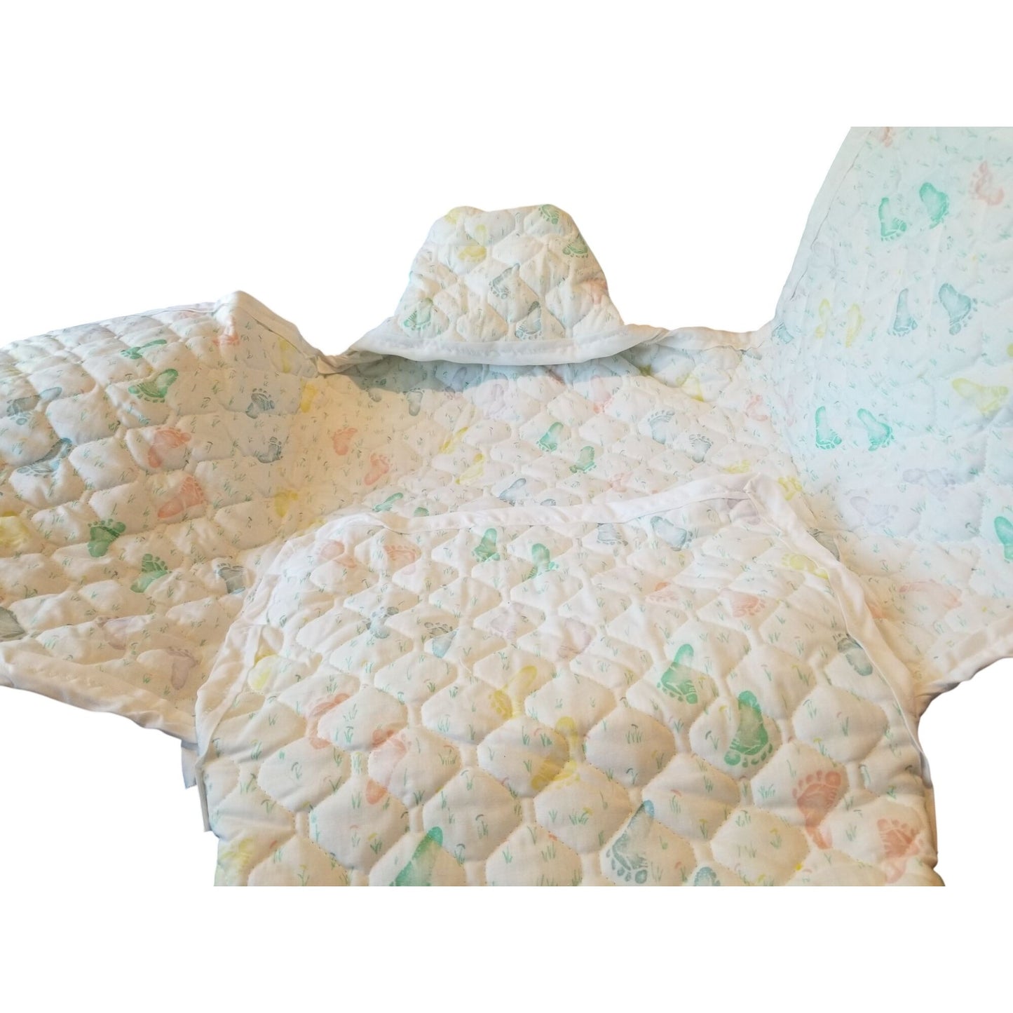 Baby Bunting Quilted Printed Baby Feet White Trim Hood Folded 2 side and a bottom flap