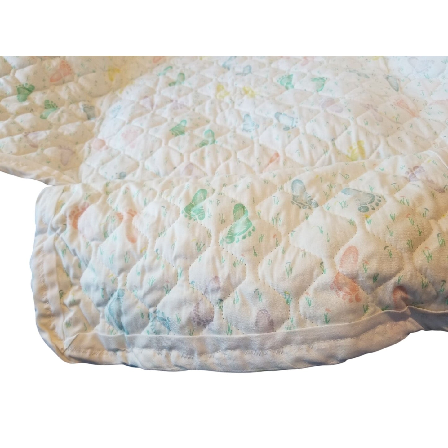 Baby Bunting Quilted Printed Baby Feet White Trim Hood Folded 2 side and a bottom flap