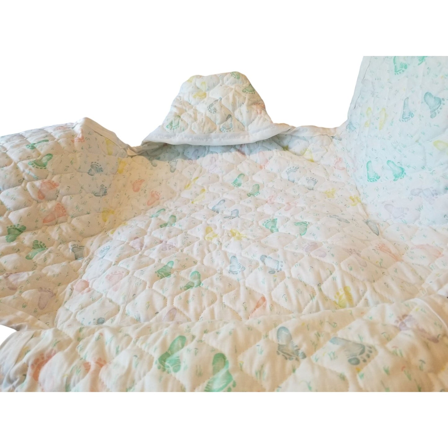 Baby Bunting Quilted Printed Baby Feet White Trim Hood Folded 2 side and a bottom flap